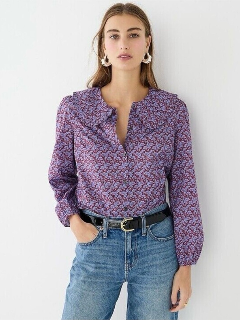 J.Crew Liberty Fabric Floral Top 0 Purple Blue Puff Sleeve Peter Pan Collar